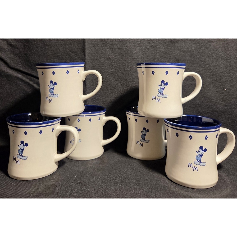 Disney Mickey Mouse Yummy Stoneware Mugs Set of 6 Blue White MM Discontinued